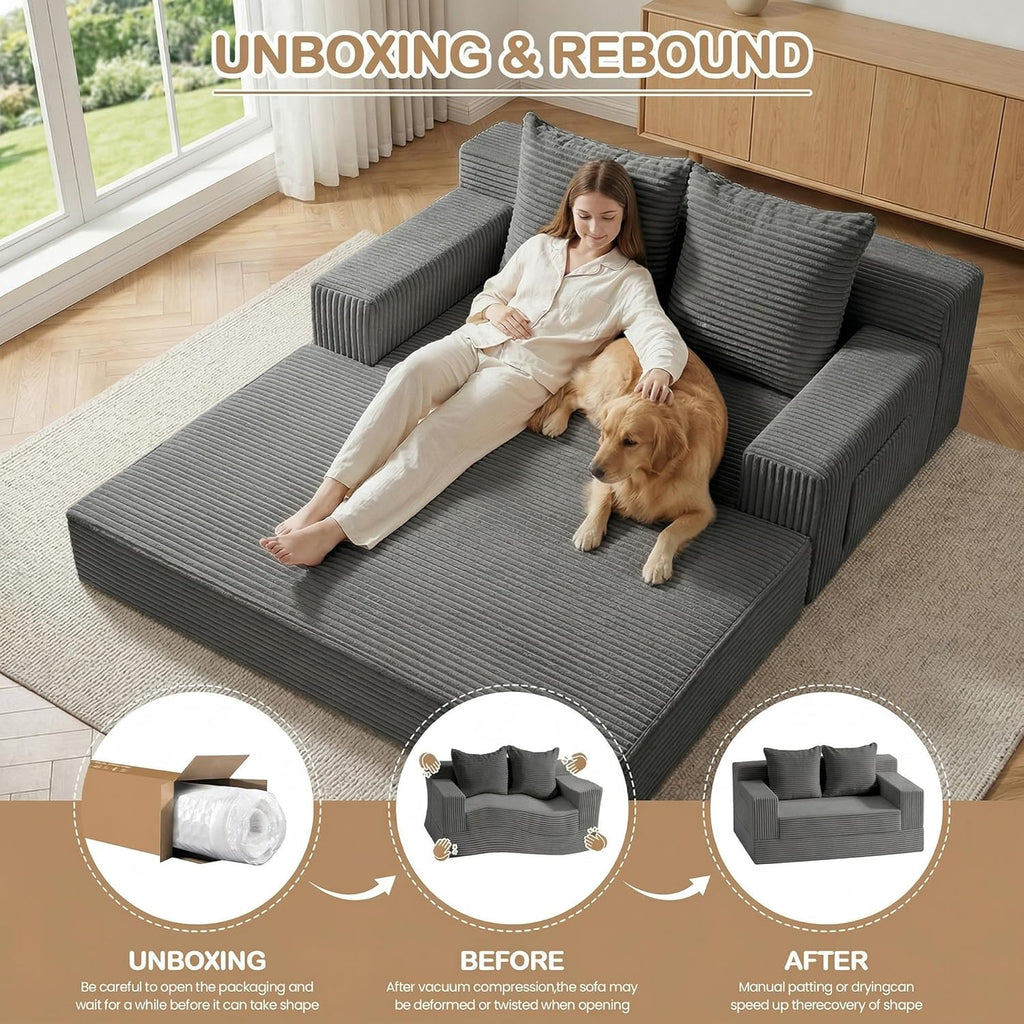 Boneless Loveseat Small Couch Bed, Futon Sleeper Sofa Bed,Convertible Pull Out Couch with 2 Pillows,Corduroy Folding Floor Couch for Living Room,No Assembly Required,Grey