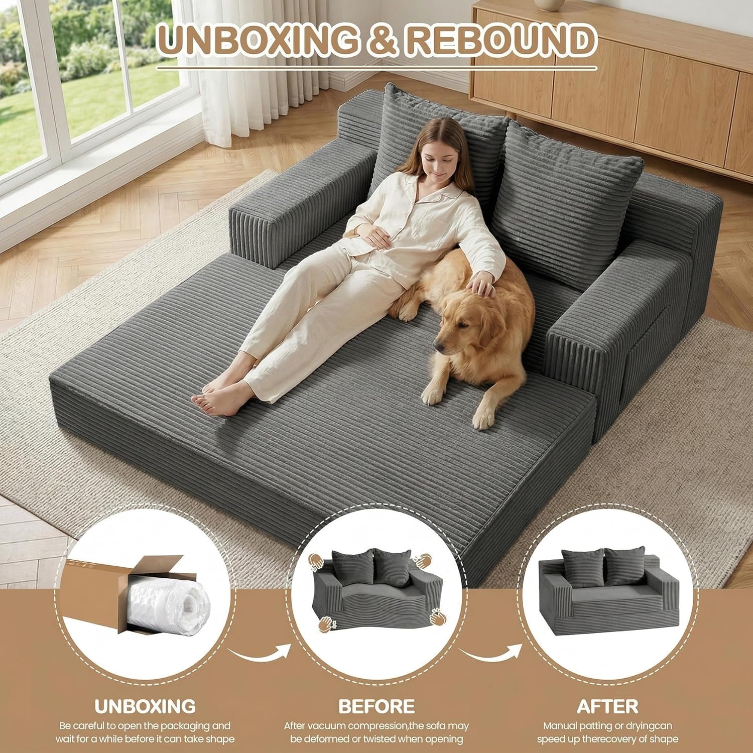 Boneless Loveseat Small Couch Bed, Futon Sleeper Sofa Bed,Convertible Pull Out Couch with 2 Pillows,Corduroy Folding Floor Couch for Living Room,No Assembly Required,Grey