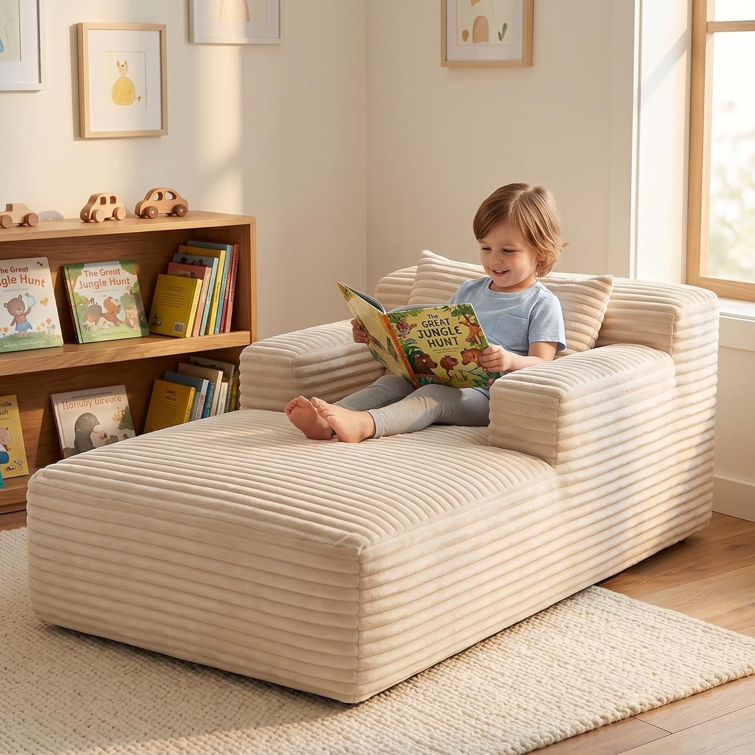 45" Mini Boneless Chaise Lounge, Corduroy Sofa Bed, Beige
