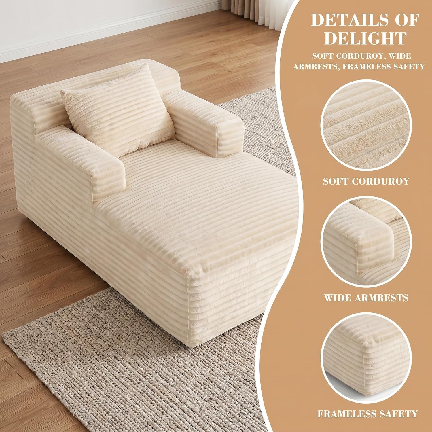 45" Mini Boneless Chaise Lounge, Corduroy Sofa Bed, Beige
