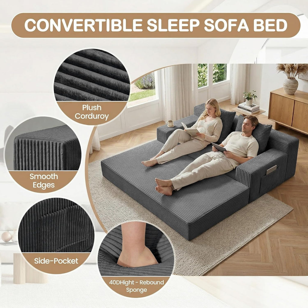 Boneless Loveseat Small Couch Bed, Futon Sleeper Sofa Bed,Convertible Pull Out Couch with 2 Pillows,Corduroy Folding Floor Couch for Living Room,No Assembly Required,Grey