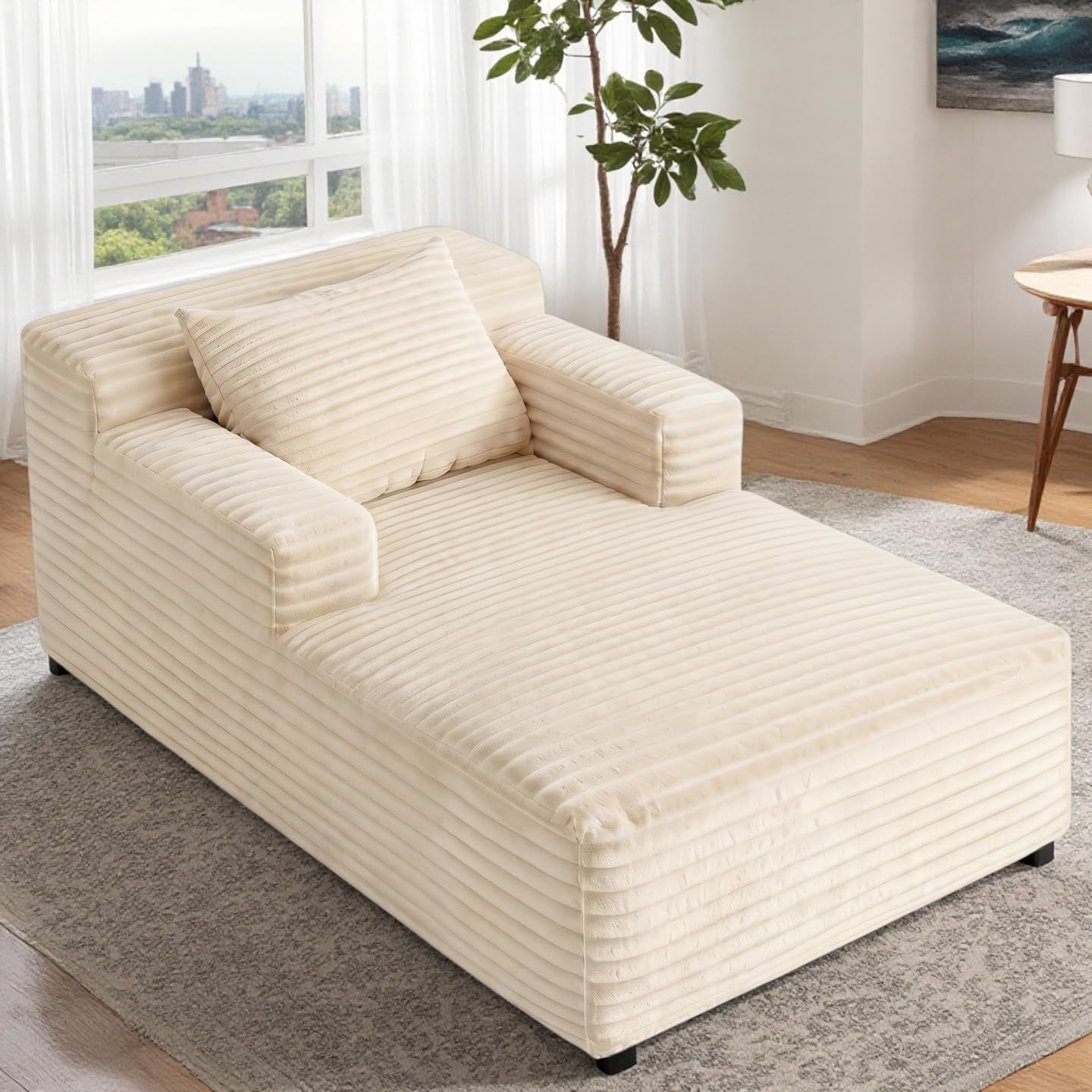 45" Mini Boneless Chaise Lounge, Corduroy Sofa Bed, Beige