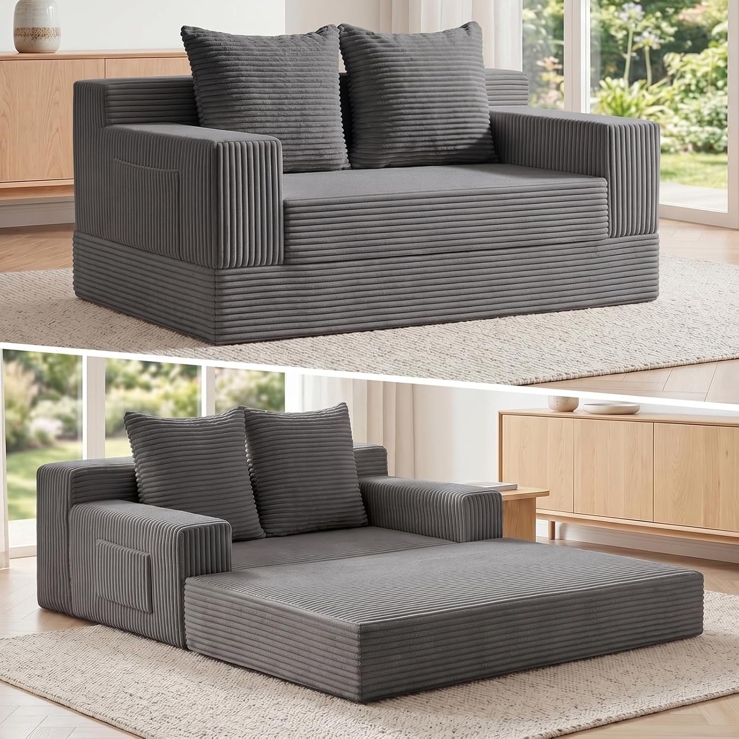 Boneless Loveseat Small Couch Bed, Futon Sleeper Sofa Bed,Convertible Pull Out Couch with 2 Pillows,Corduroy Folding Floor Couch for Living Room,No Assembly Required,Grey