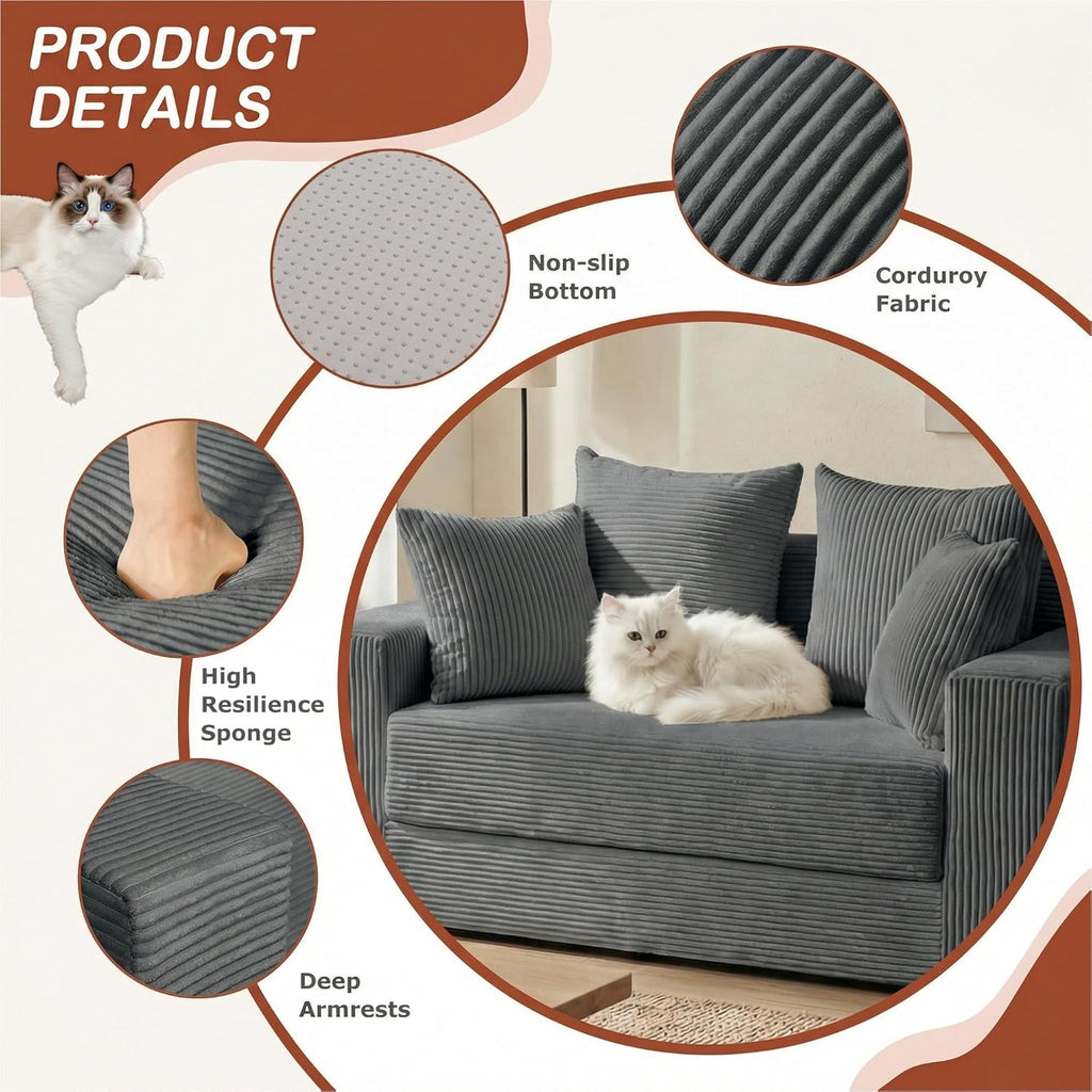 58" Boneless Couch, 5-In-1 Boneless Loveseat Sleeper Sofa Bed, Mini Convertible Pull Out Corduroy Futon Couch with Side Pockets & Handle, Folding Floor Sofa Bed with 4 Pillows for Small Space