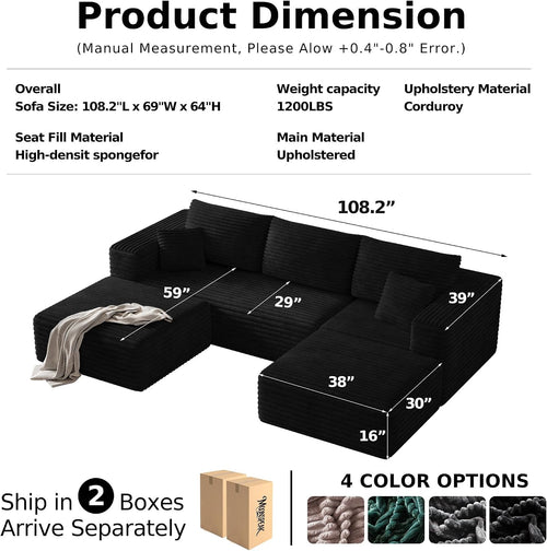 108" Boneless Sectional Cloud Couch for Living Room
