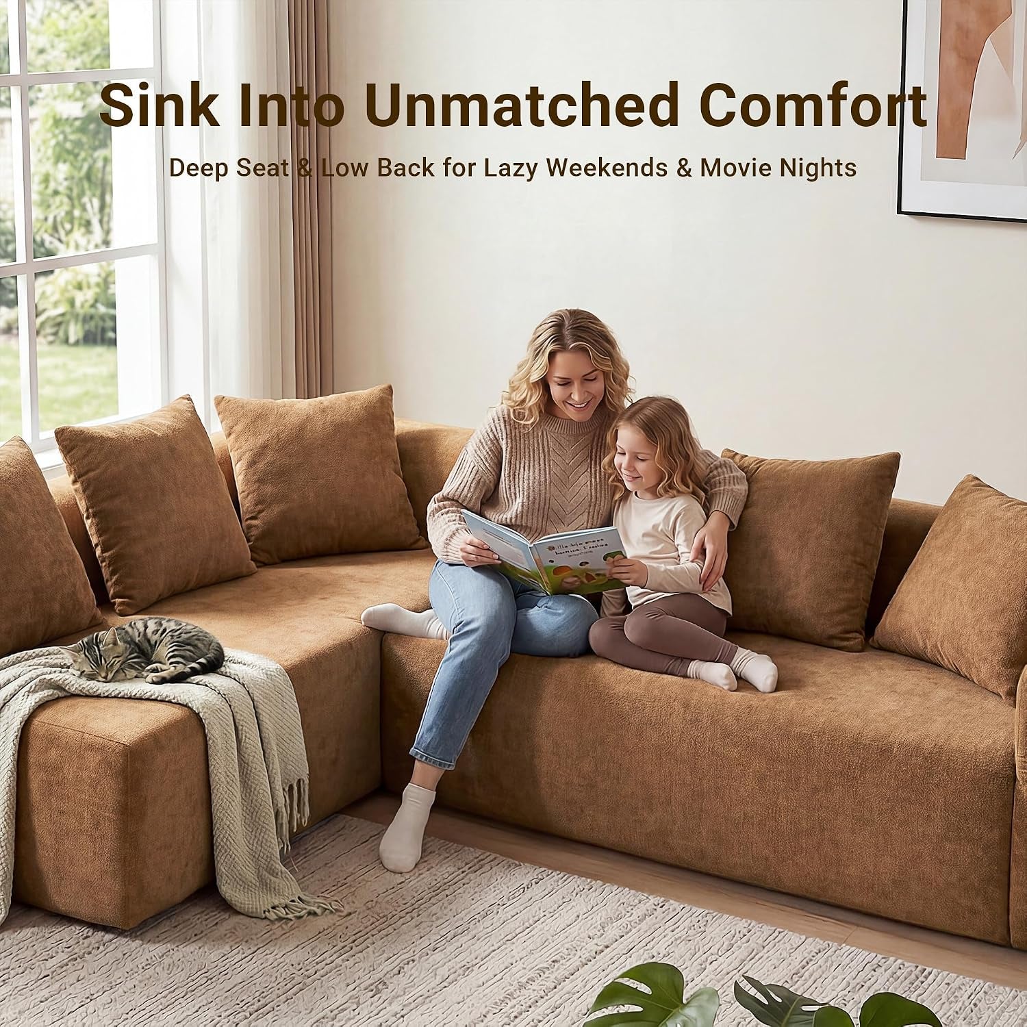 106" Cloud Boneless Couch, L-Shaped Sectional Sofa, Brown