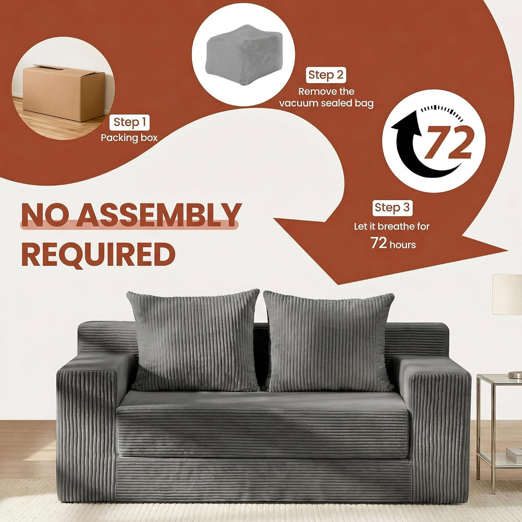 58" Boneless Couch, 5-In-1 Boneless Loveseat Sleeper Sofa Bed, Mini Convertible Pull Out Corduroy Futon Couch with Side Pockets & Handle, Folding Floor Sofa Bed with 4 Pillows for Small Space