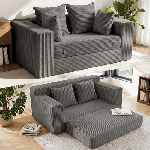 58" Boneless Couch, 5-In-1 Boneless Loveseat Sleeper Sofa Bed, Mini Convertible Pull Out Corduroy Futon Couch with Side Pockets & Handle, Folding Floor Sofa Bed with 4 Pillows for Small Space