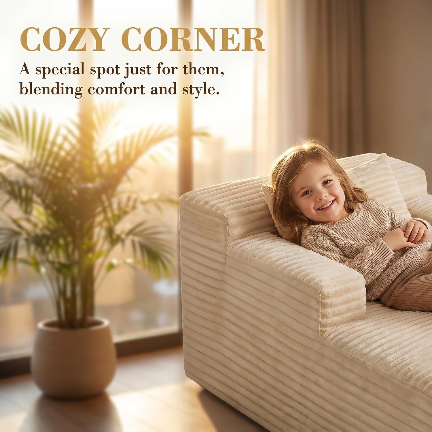 45" Mini Boneless Chaise Lounge, Corduroy Sofa Bed, Beige