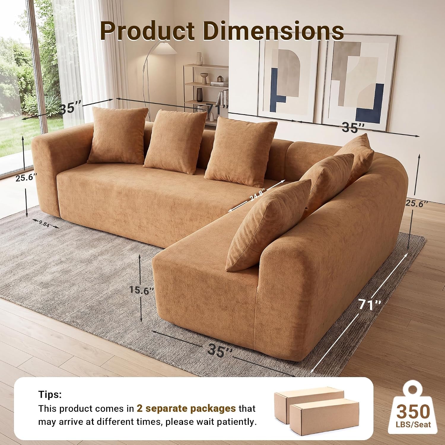 106" Cloud Boneless Couch, L-Shaped Sectional Sofa, Brown
