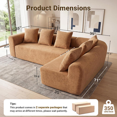 106" Cloud Boneless Couch, L-Shaped Sectional Sofa, Brown