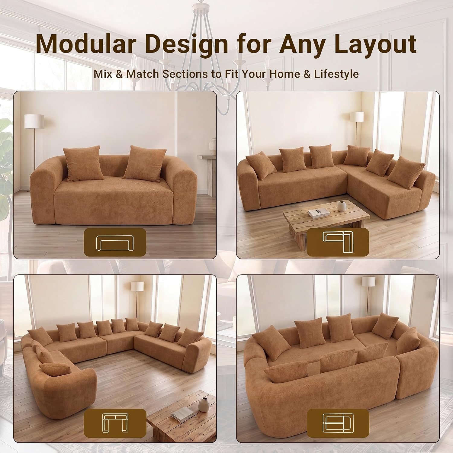 106" Cloud Boneless Couch, L-Shaped Sectional Sofa, Brown