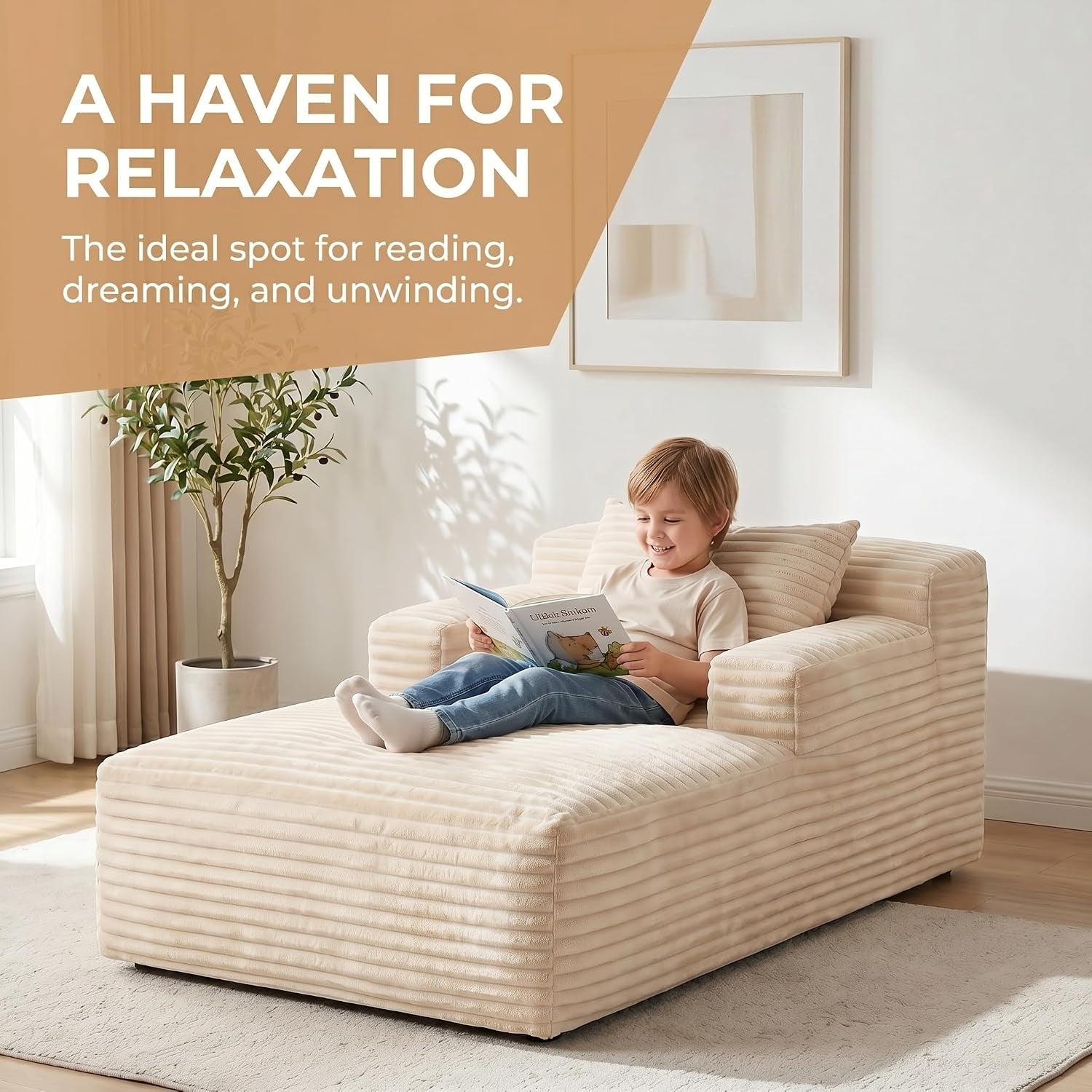 45" Mini Boneless Chaise Lounge, Corduroy Sofa Bed, Beige