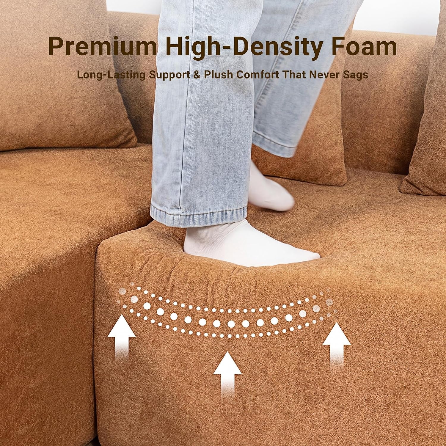 106" Cloud Boneless Couch, L-Shaped Sectional Sofa, Brown