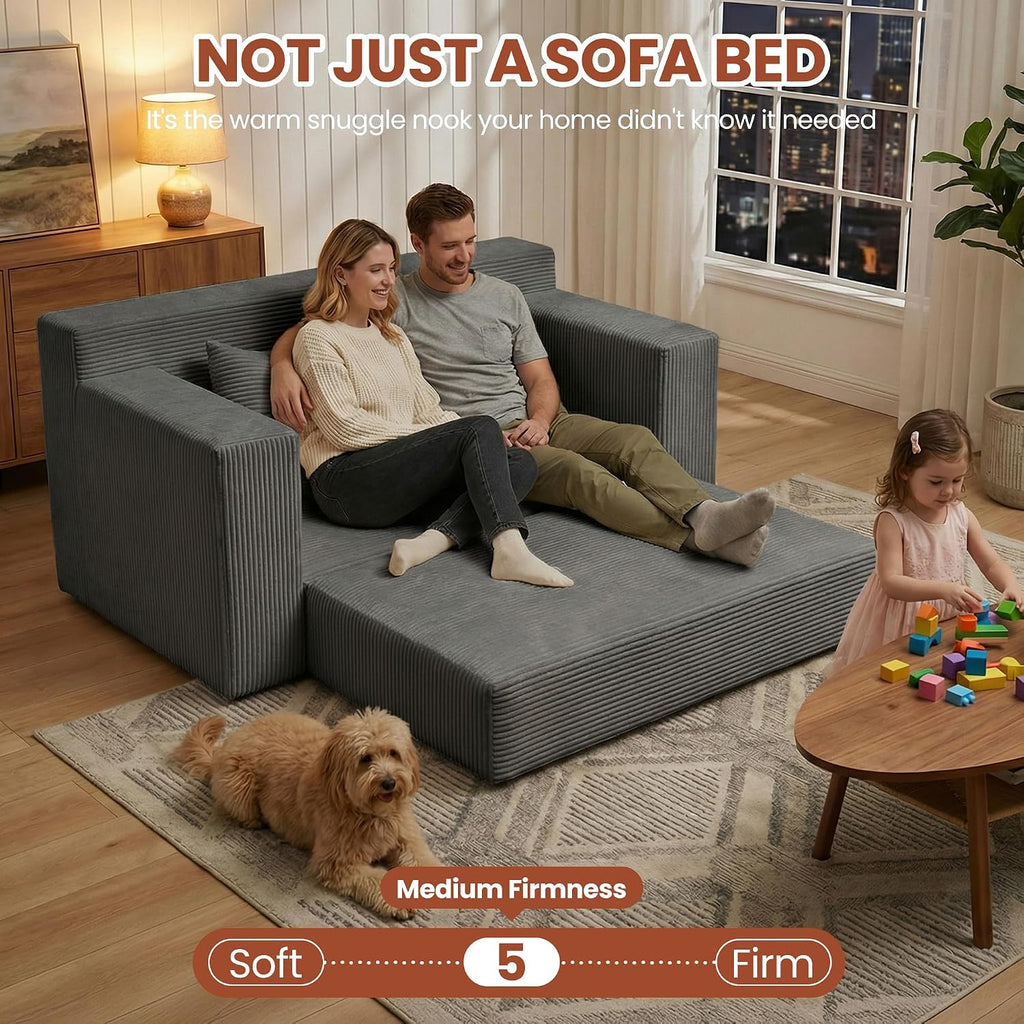 58" Boneless Couch, 5-In-1 Boneless Loveseat Sleeper Sofa Bed, Mini Convertible Pull Out Corduroy Futon Couch with Side Pockets & Handle, Folding Floor Sofa Bed with 4 Pillows for Small Space