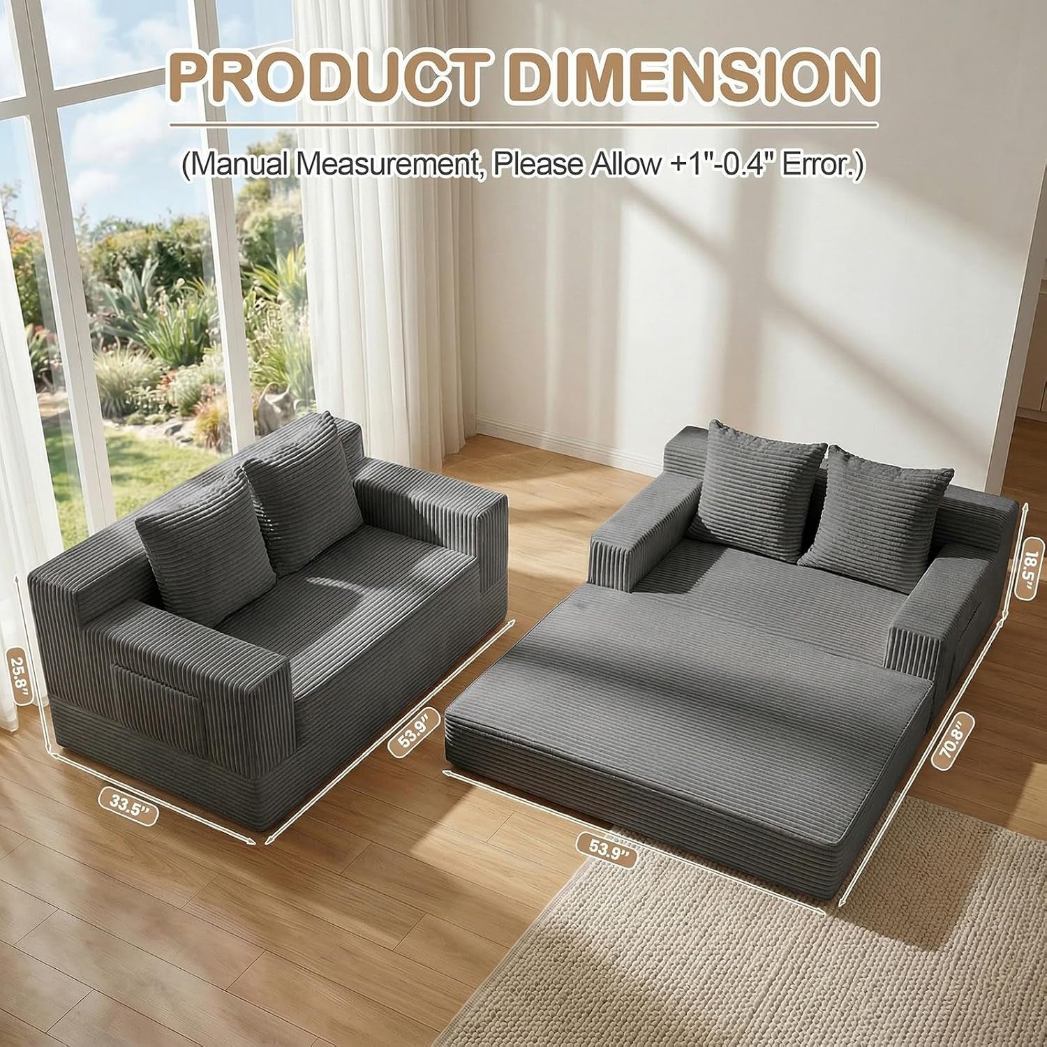 Boneless Loveseat Small Couch Bed, Futon Sleeper Sofa Bed,Convertible Pull Out Couch with 2 Pillows,Corduroy Folding Floor Couch for Living Room,No Assembly Required,Grey