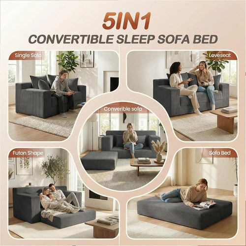 58" Boneless Couch, 5-In-1 Boneless Loveseat Sleeper Sofa Bed, Mini Convertible Pull Out Corduroy Futon Couch with Side Pockets & Handle, Folding Floor Sofa Bed with 4 Pillows for Small Space