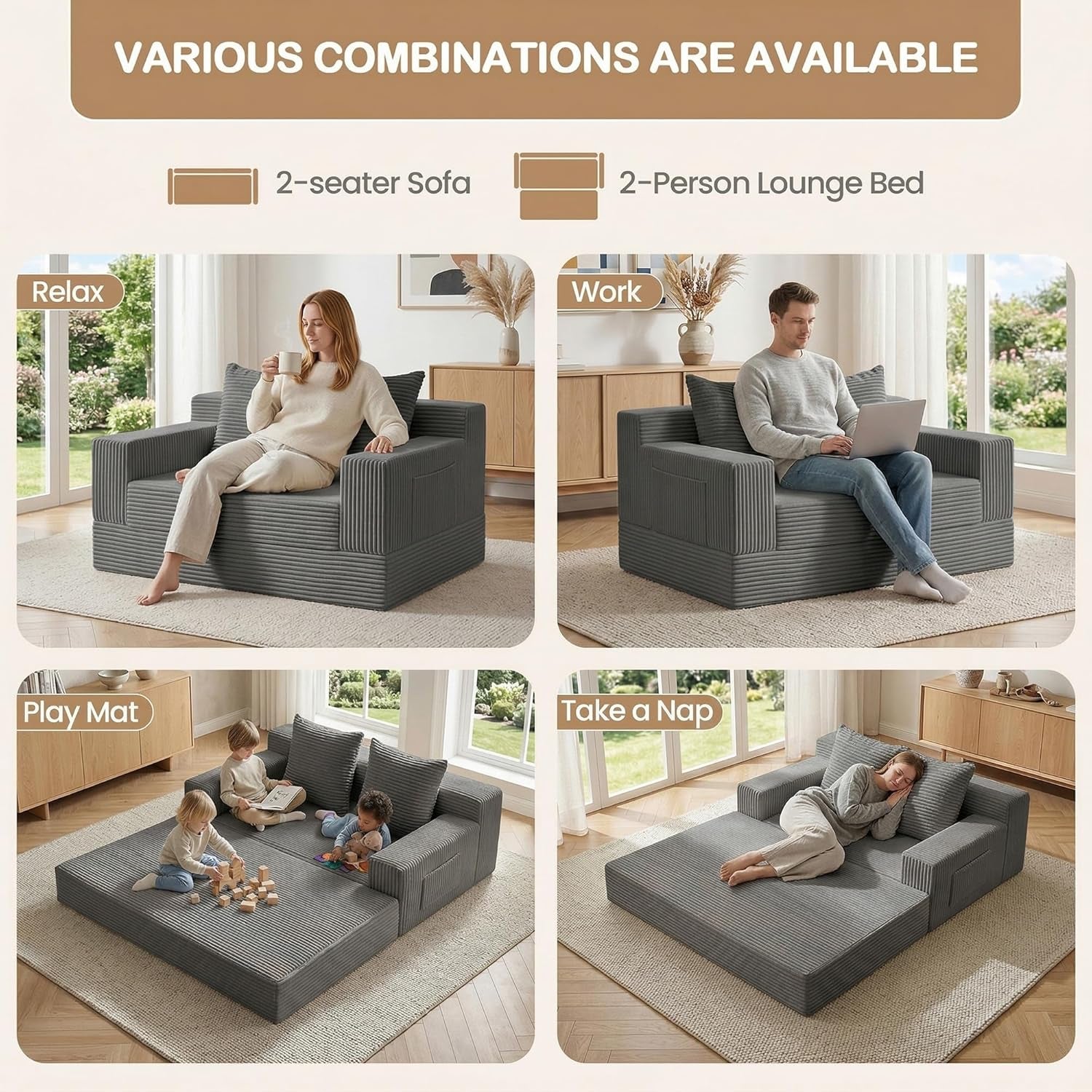 Boneless Loveseat Small Couch Bed, Futon Sleeper Sofa Bed,Convertible Pull Out Couch with 2 Pillows,Corduroy Folding Floor Couch for Living Room,No Assembly Required,Grey